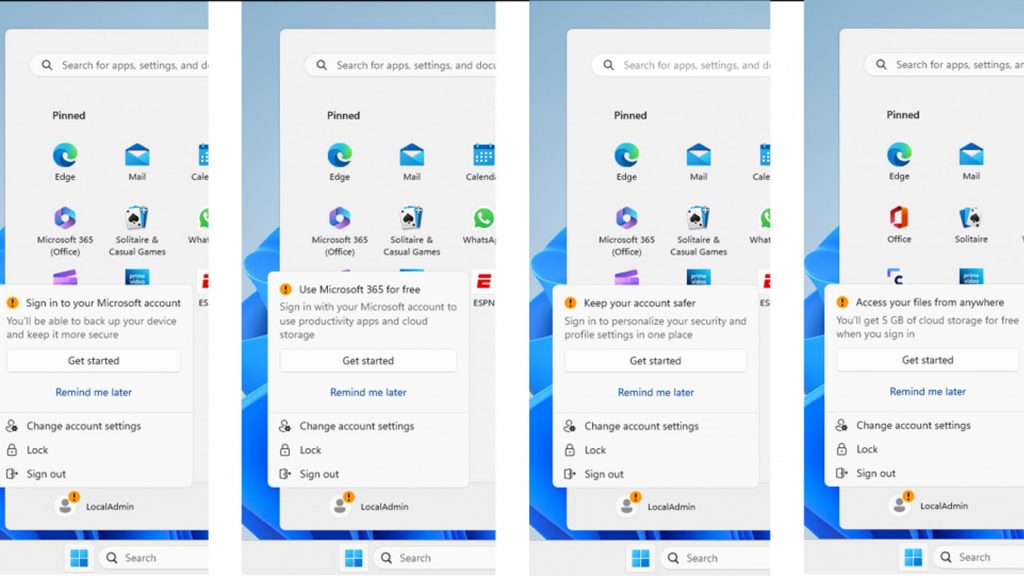 Windows 11’s Start menu prepares to pester you for using a local account